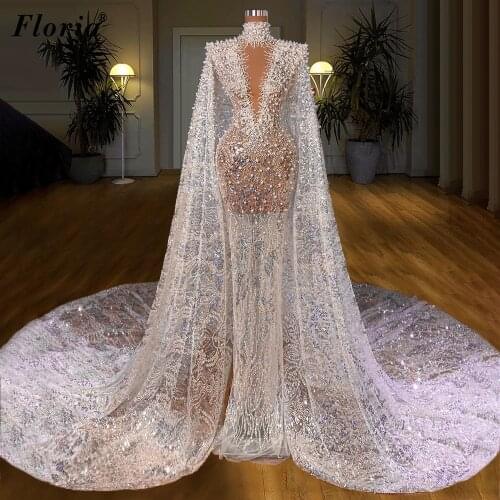 Luxury Muslim Evening Dresses Long Mermaid Pearls Evening Gowns Glitter Celebrity Dresses For Women Turkish Couture Party Dress