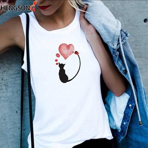 Summer Womens White Tank Tops Ladies Cute Cat Print Casual Vest Sleeveless Tops tee Female White O-Neck T-shirts Camisole Camis