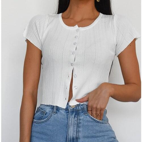 2020 Sexy Women Slim Fit Short sleeve Button T Shirt Summer Tee tops Casual Plain Cloth High waist Cardigan Split Sweet top