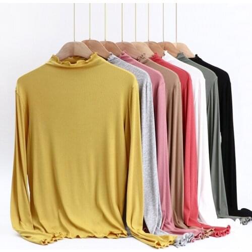 Half-high Collar Bottoming Shirt Women Solid Fungus Autumn Winter Modal Thin Basic White Black Fall Womens T-shirt Candy Tops