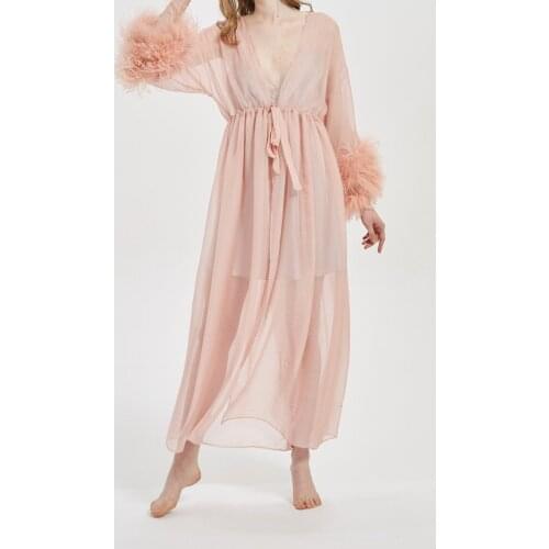 Lady Dressing gown with osrich fur trimming cuffs holiday sexy furry flfuffy summer spring women 2021 fashion