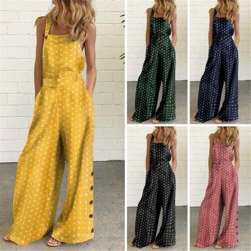 Womens Bodysuit Sleeveless Overalls Loose Jumpsuit Casual Dot Print Summer Wide Leg Jumpsuit Women Bib Pants Боди Женское @40