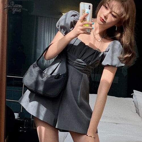 Womens Summer Puff Sleeve Waist Hugging Off-Shoulder Jumpsuit Rompers Womens Jumpsuit High Waist Pleated Wide Leg Shorts 14395
