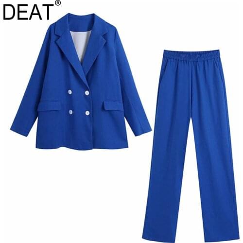[DEAT] women new Autumn 2021 fashion Double breasted Solid color Blazer High waist wide leg pants women Two-piece suit 13Q442