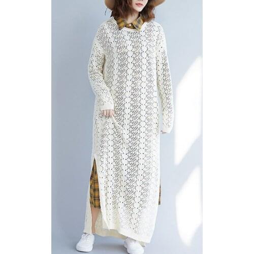 Plus Size Womens Long Sweater Dress 2021 Fall New Open End Art Hollow Knitted Long Dress Woman