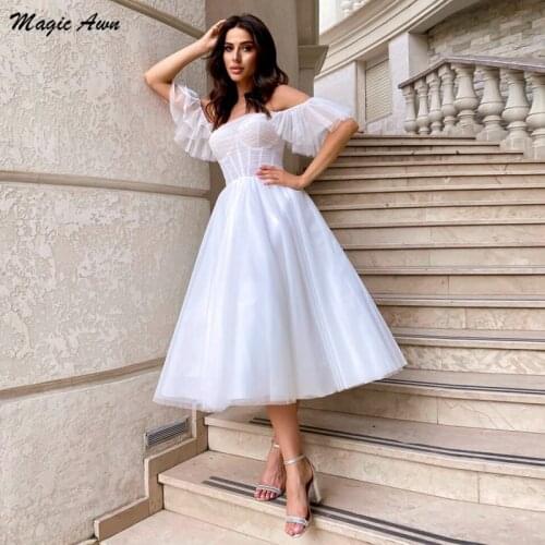 Magic Awn Boho White Wedding Dresses Tea-Length Off The Shoulder Illusion A-Line Short Beach Bridal Gowns For Women Vestidos