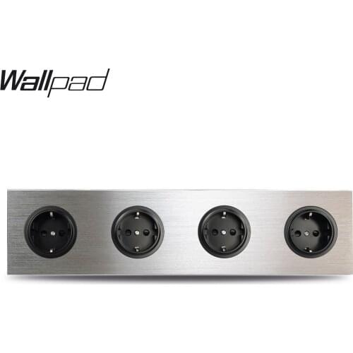 4 Gang Quadruple Frame EU Wall Electric Outlet Socket German Plug Silver Satin Brushed Aluminum Alloy Panel 344 * 86 mm