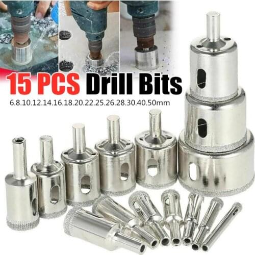 15Pcs/Set Diamond Hole Saw Drill Bits Glass Ceramic Tile Saw Cutting Tool 6-50mm Glass Drill Bit Nickel Plated Diamond Tool