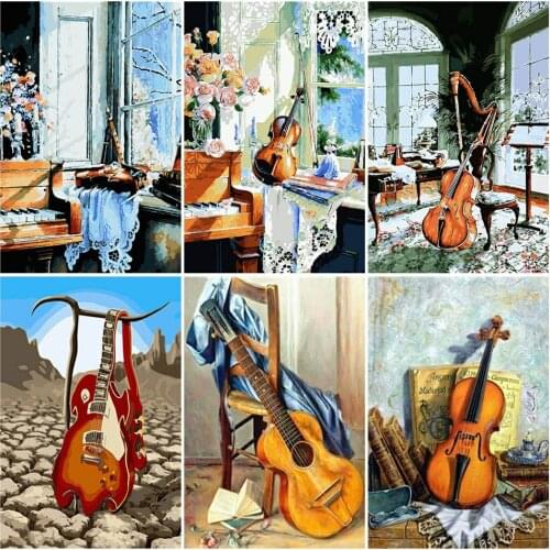 AZQSD DIY Paint By Numbers Landscape Picture For Living Room Home Decoration Coloring By Numbers Guitar Handpainted Gift