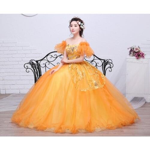 Freeship orange ruffled butterfly sleeve flowers theme ball gown medieval dress Renaissance Gown queen dress Victoria Belle ball