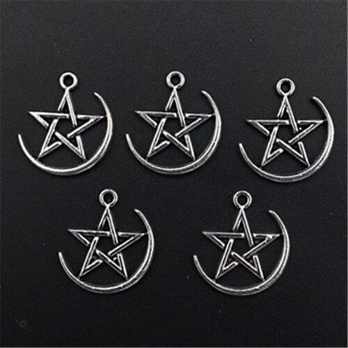 WKOUD 20pcs Silver Color Crescent Moon Five-pointed Star Charm Alloy Pendant Bracelet Key Chain DIY Metal Jewelry Handmade