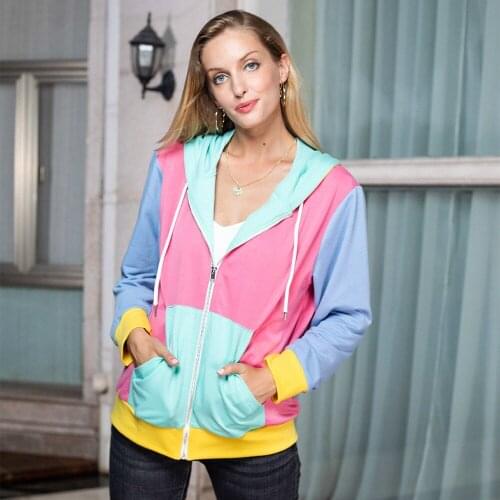 Womens Autumn Tops Fashion Contrast Color Hat Collar Casual Loose Cardigan Zipper Long Sleeve Woman Jacket Sweatshirt Tops 2021
