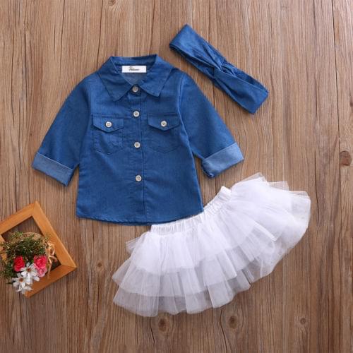 Summer Kids Baby Girls Clothes denim Shirt Tops+Tutu Skirt +headband Outfits Clothes 3PCS Set