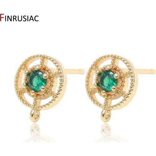 Round Shape Green Zircon Rhinestone Post Earring Findings DIY Earrings Jewelry Components 14k gold plated