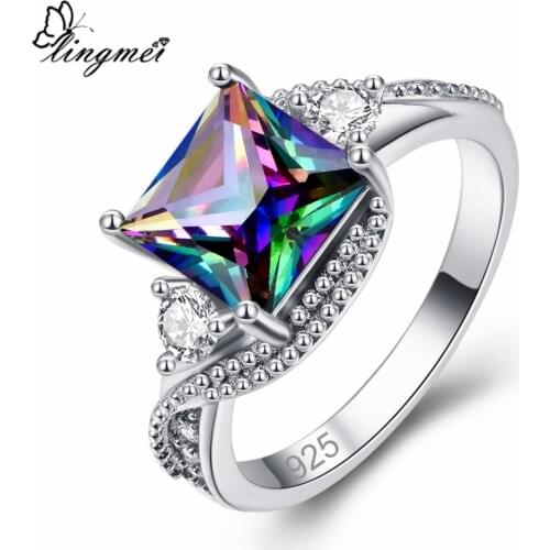 Lingmei New Fashion Gorgeous Mysterious Rainbow White Blue Cubic Zircon Silver Color Ring Size 6-10 11 12 13 Wedding Bridal Gift