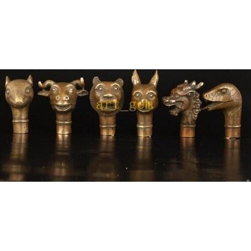 Pure Copper Brass Grandpa Good Asian Old Mice Cattle Tiger Rabbit Dragon Snake Statue Walking Stick Cane Head