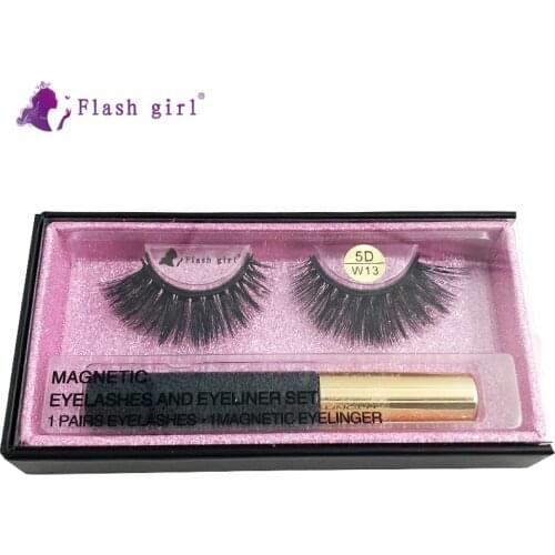 Flash Girl 5D Mink False Eyelashes W13 High Quality 1 Pair Natural Long Magnetic Eyelashes With Waterproof Eyeliner For Beauty