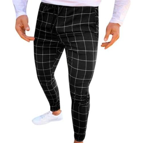 Fashion Men Plaid Print Drawstring Elastic Casual Slim Pencil Pants Trousers Mens Clothing 2021