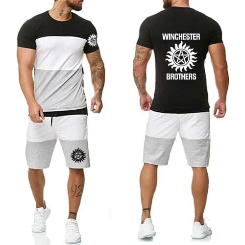 Winchester Brothers Printing Colorblock Summer Fashion Casual Cotton Short Sleeve high quality Mens T-shirt+shorts 2 piece suit