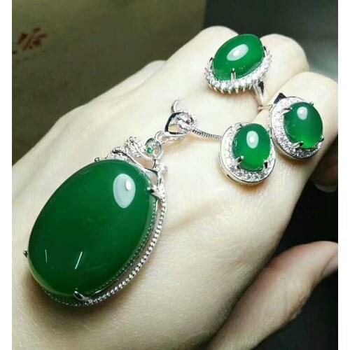 Natural ice chalk set 925 silver inlaid ring pendant earrings three-piece ring ring live female delivery mother