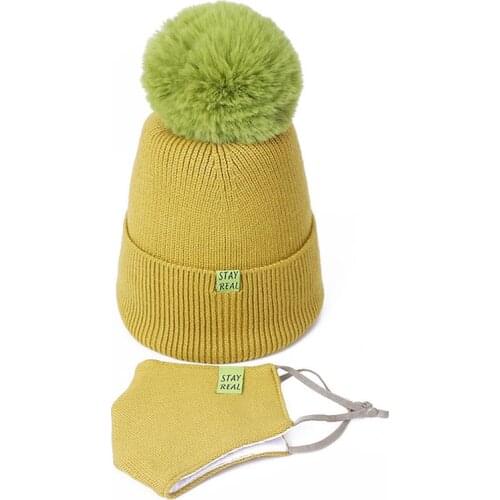 2021 new woman Autumn And Winterr pompon hat and mask suit windproof outdoor warm knitted hat face protection suit cap