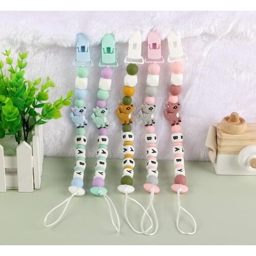 Kovict 2Pc Charming Mini Deer Baby Pacifier Chain Clip Food Grade Silicone Chewing Molar Beads Contain Letters BABY Style No BPA