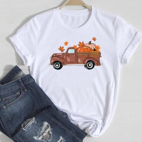 Autumn Fall Graphic Clothing Tshirt T Female Print T-Shirt Tee Top Women Thanksgiving Truck Season Happy Cute Halloween