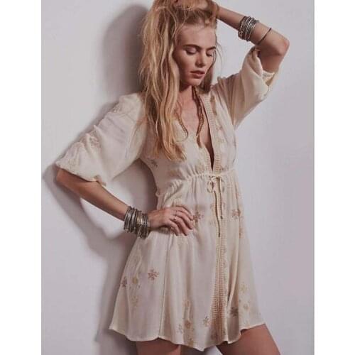 Women boho vintage Ethnic Flower Embroidery Deep V-neck tunique femme Hippie Boho People Cotton Linen Tunic Short Loose Dresses