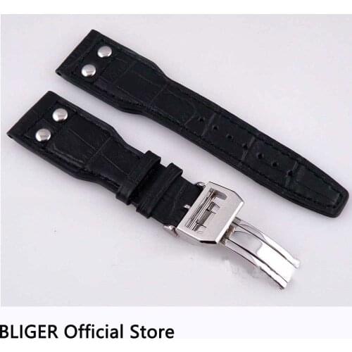 High quality 24MM 1pcs Black Genuine Leather Band With Deployment Steel Buckle Watch Band Fit For Mens Watch ST18