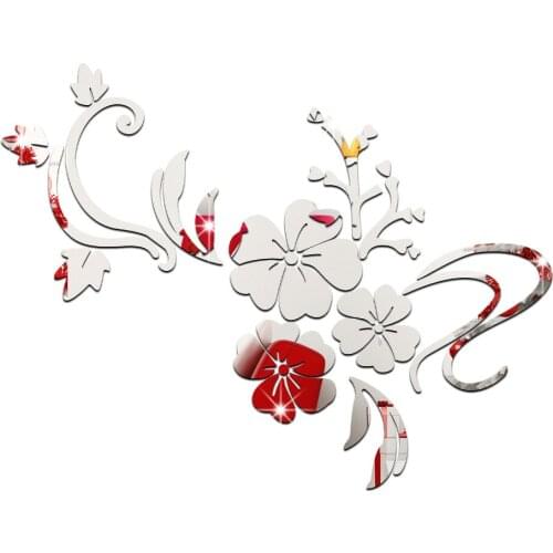 Romantic Bauhinia Flower Vine Acrylic Gold Sliver Mirror Stickers Wall Sticker Home Decoration Bedroom Living Room Decor