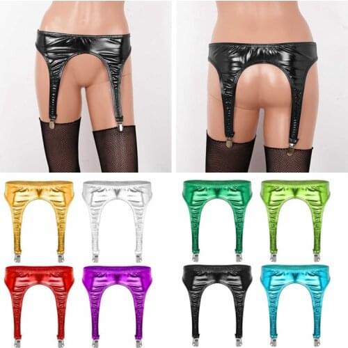 Women Shiny Metallic Garter Belt with Four Metal Duck-Mouth Clips for Thigh High Stockings Festival Rave Gothic Sexy Lingerie