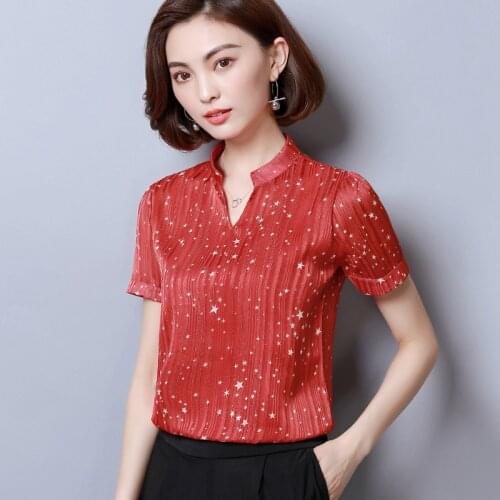Chiffon Shirt Womens Short Sleeve V Collar Casual Summer Blouse Office Ladies New Korean Sweet Slim Leisure Work Tops H9141