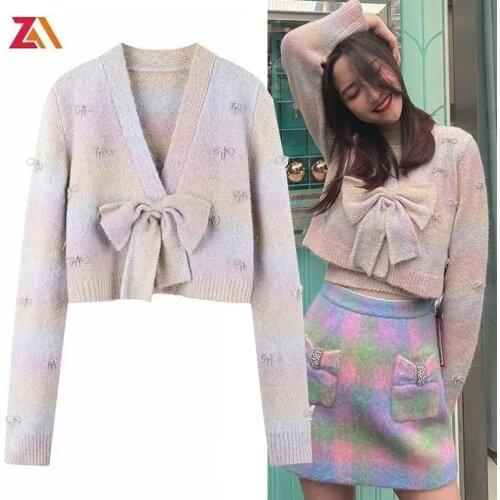 ZALady sweet Japanese autumn winter sweaters women chic long sleeve Bow Diamond fashion v-neck Knit cardigan jacket pull femme