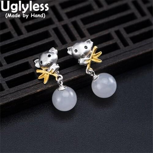 Uglyless Animals Little Panda Koala Earrings for Women Natural Hotan Jade Balls Dangle Earrings 925 Silver Bamboo Brincos Gems