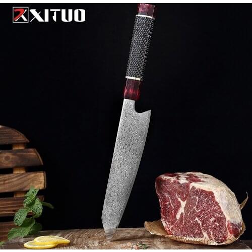 XITUO Damascus Steel Knife Kiritsuke Japan Steel Professional Chefs Kitchen Knife Red Black Resin Sashimi Filleting T Nakiri