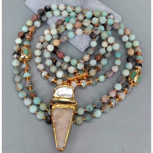 YYGEM Biwa Pearl Agate Druzy Pendant 3 Strands Natural Moss Amazonite Multi Color Blue Turquoise Necklace