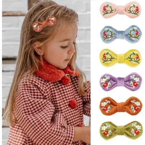 12pcs/set Rabbit Ears Hair Clips Handmade Embroidery Velvet Hair Bows Retro Flower Hairpin for Girls Kids Barrettes Accessories