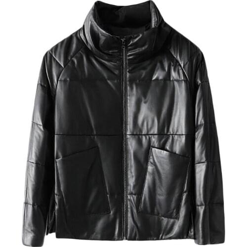 Warm Down Inside Womens Natural Lambskin Leather Biker Black Jacket Short Lady Real Leather Coat, 100% Genuine Sheepskin Coats