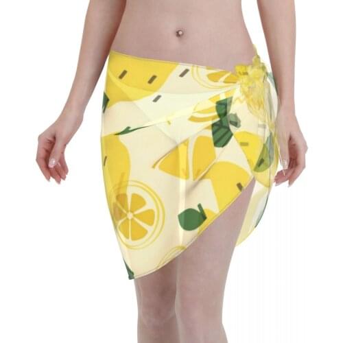Womens Swim Wear Bikini Cover Up Lemon Abstract Beach Mini Wrap Skirt Sarong Pareo Shorts Summer Beachwear