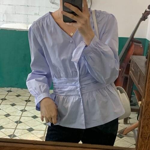 2021 Fall White Solid V-neck Shirts For Women Long Sleeve Bow Single Breasted Blouses Korean Tops Chemise Femme T029