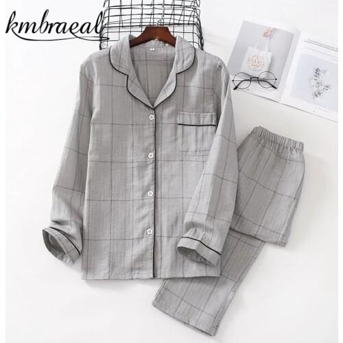 Womens Pajamas Suit Casual Couple 100% Cotton Grid Sleepwear Long Sleeve Trousers Ladies Japanese Men Soft Homewear Autumn New