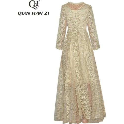 Qian Han Zi 2021 Spring/Summer Designer Runway Maxi Dress Womens Long Sleeve Bowknot Applique Lace Elegant Party Long Dress