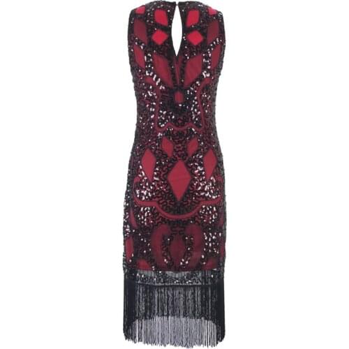 20s Womens 1920s Art Deco Sequin Beaded Tank Flapper Dress Geometric Tassel Hem Gatsby Dress Midi Length Party Costume S-XL