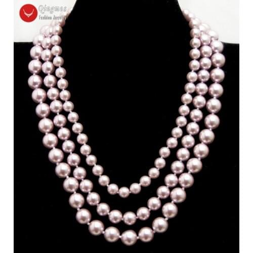 Qingmos Purple Sea Shell Pearl Necklace for Women with Round 8-12mm Sea Shell Pearl 3 Strands 17'' Chokers Necklace Silver Clasp