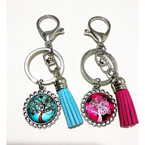 24pcs (6 designs) Cartoon Tree of life Key chains Glass Key buckle Ancient silver Key Ring