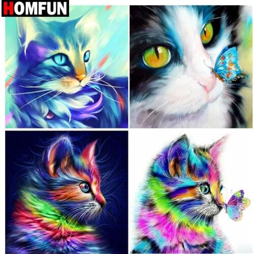 HOMFUN Diamond Painting Cross Stitch "Animal color cat" 5D DIY Diamond Embroidery Full Square/round Rhinestone Of Picture