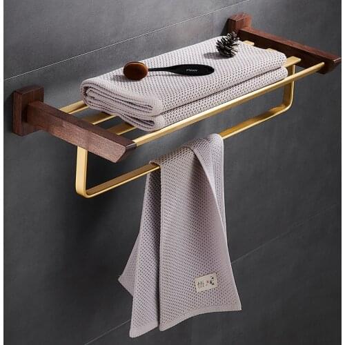 Aluminum & Wood Bathroom Hardware Accessories Set Towel Bar Tissue Rack Toilet Brush Holder Corner Shelf Robe Hook Brushed Gold