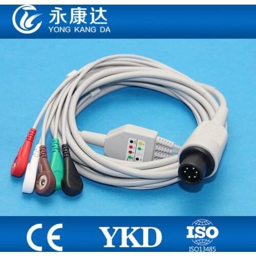 Free Shipping for 6Pin GE 5-leads one piece ecg cable with AHA snap leadwires, 3.2m