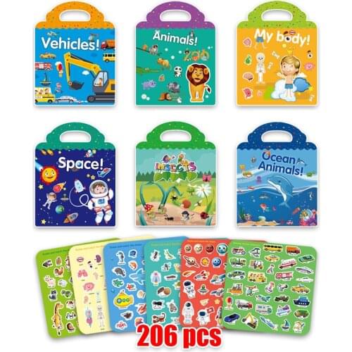 Children Cartoon Funny Animal Insect Ocean Learning Cognition Scene Stickers DIY Hand-on Sticker Book Pack Educational Toys