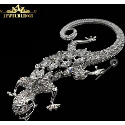 Vintage Micro Pave Clear CZ Black Eyes Open Mouth Curled Tail Lizard Brooches Statement Pins Unisex Suit Coat Salamander Jewelry